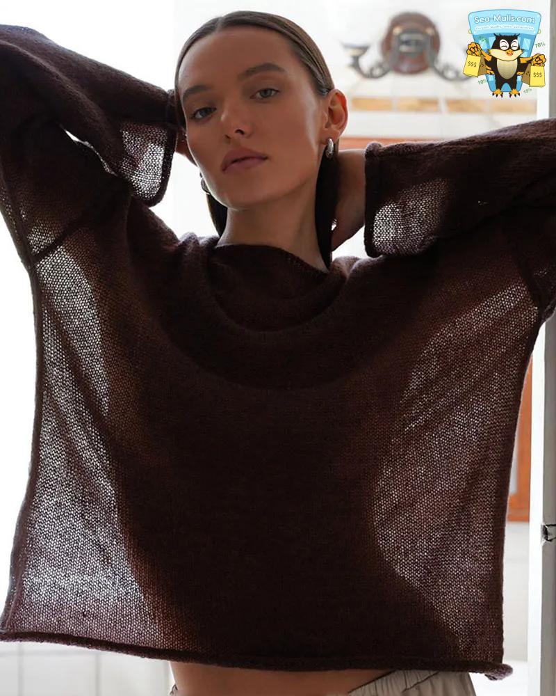 Women’s Hollow Knitted Sweater Pullover Loose Casual See-Through Long Sleeve Top