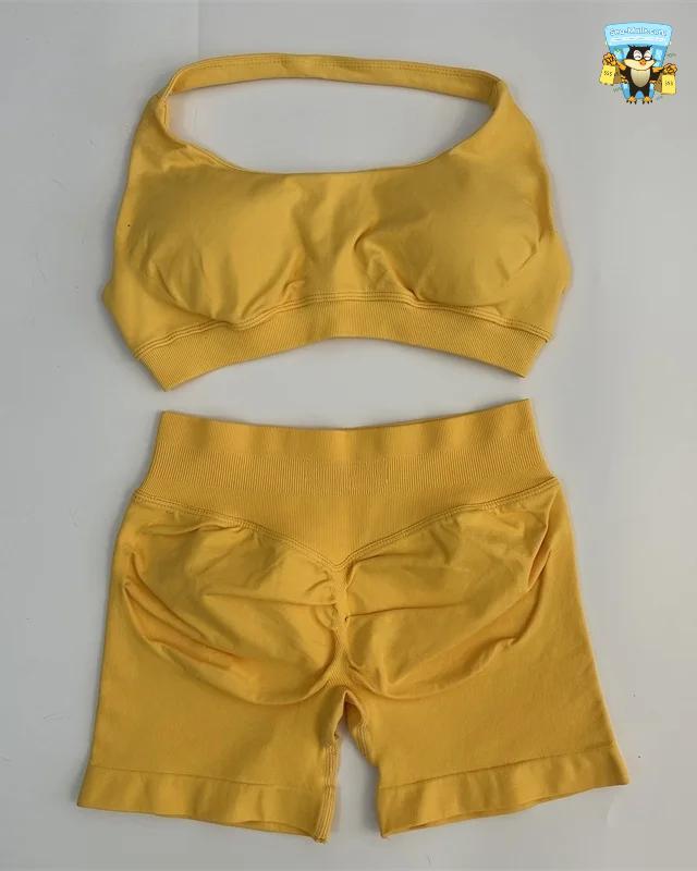 Yoga Shorts Set Seamless Scrunch Shorts Halter Sports Bra