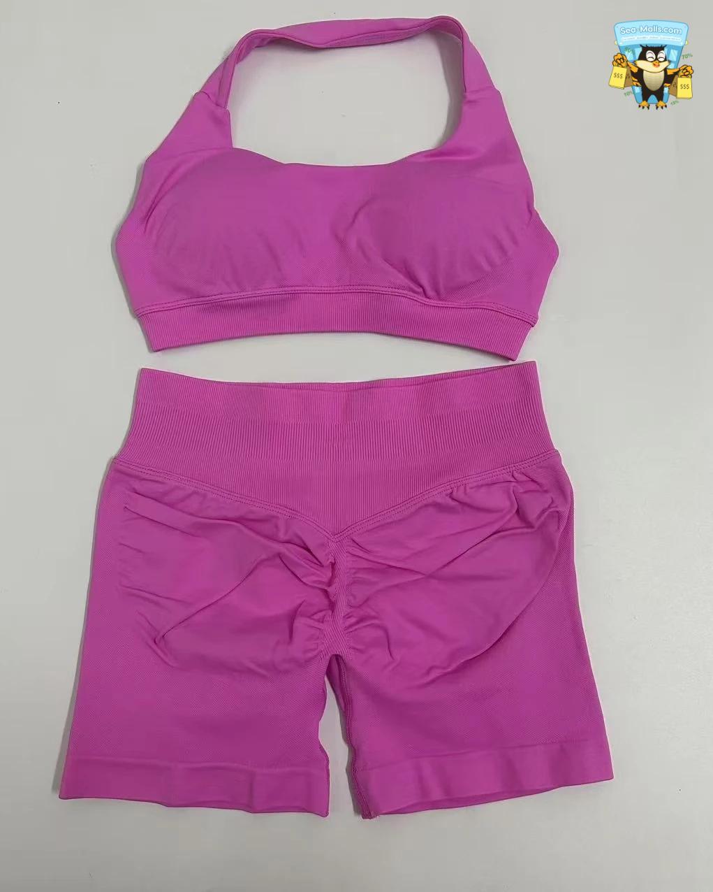 Yoga Shorts Set Seamless Scrunch Shorts Halter Sports Bra