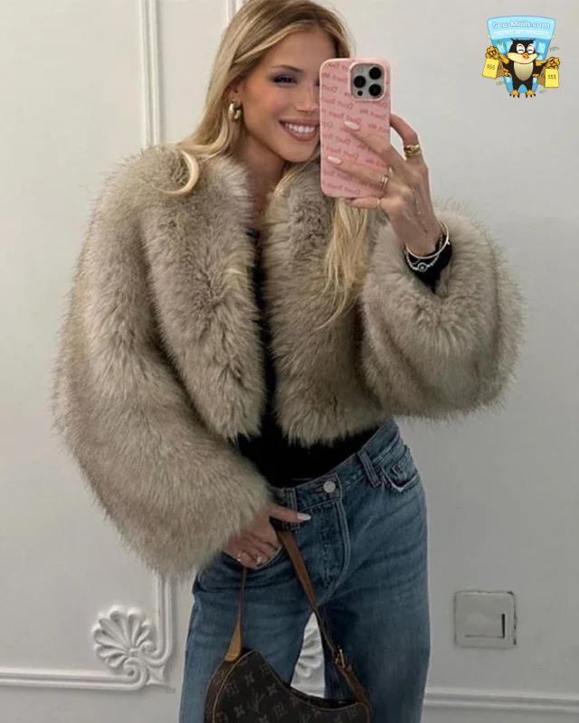 Gradient Cropped Faux Fur Coat Women Winter Luxury Streetwear
