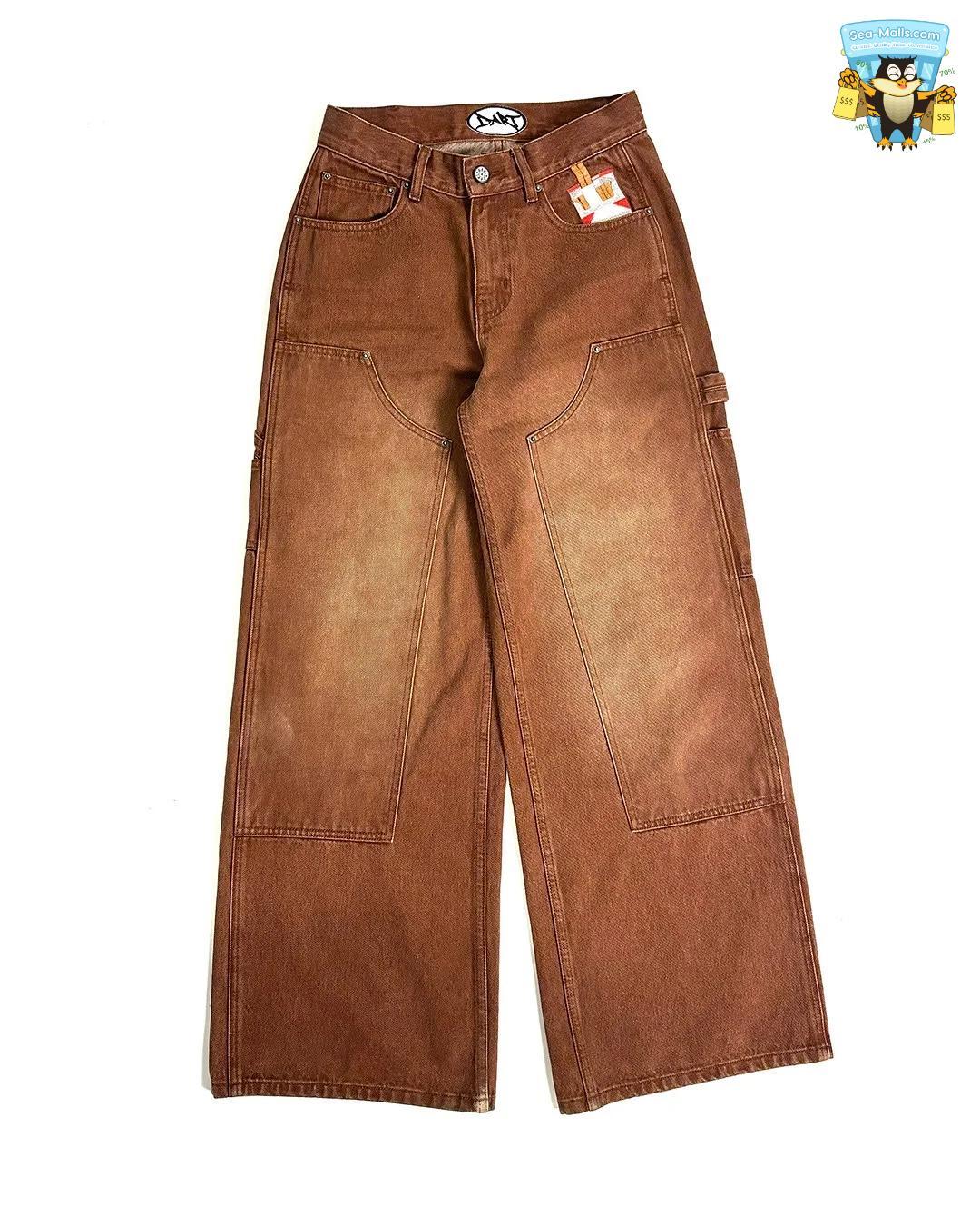 Men’s Gothic Retro Punk Wide-Leg Jeans – Washed Brown Loose Fit