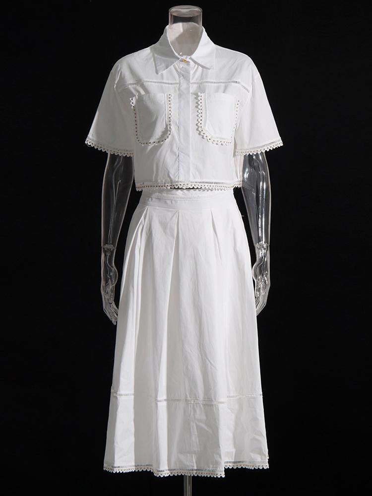 Solid Summer Two-Piece Set Lapel Crop Top & High-Waist A-Line Skirt