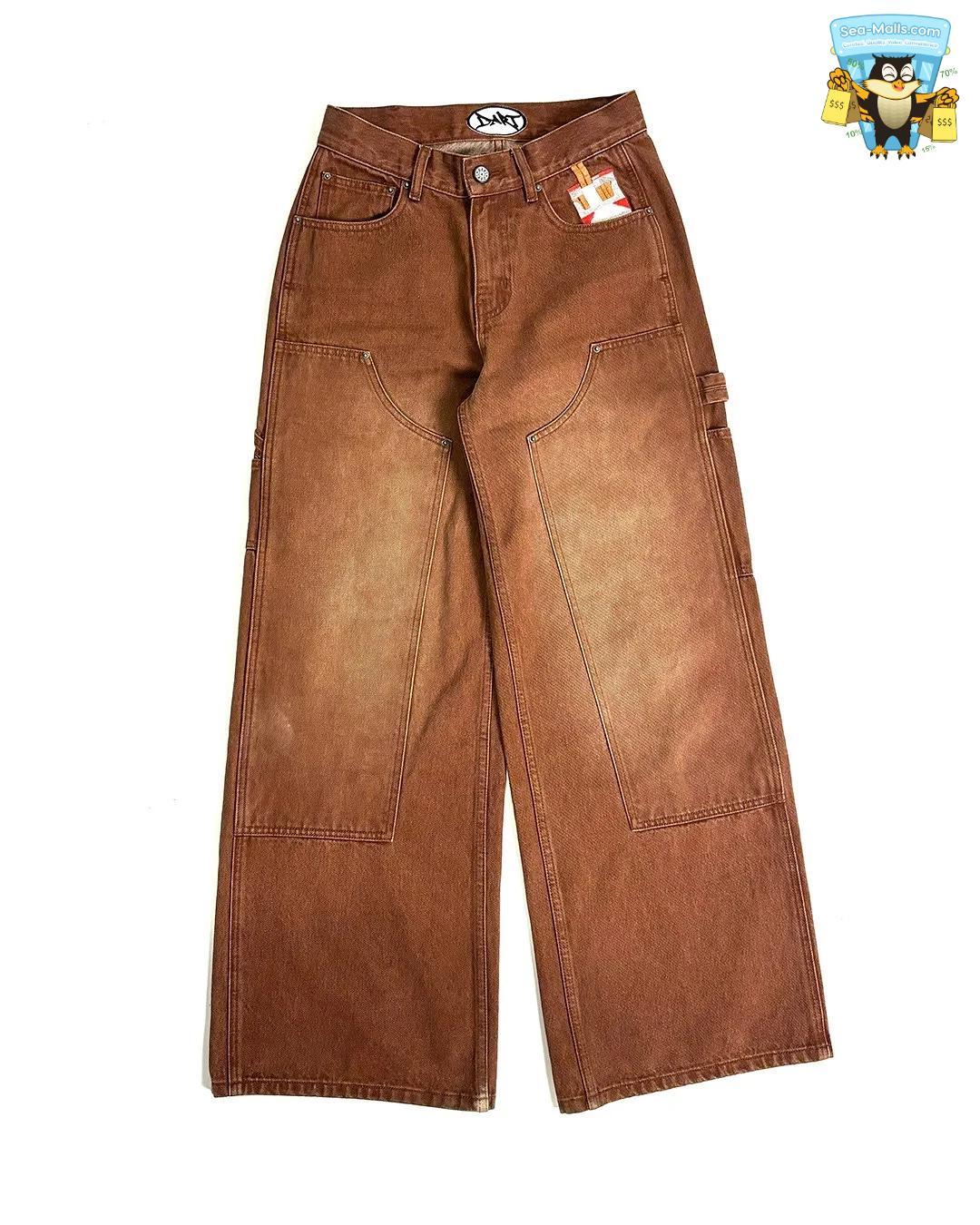Men’s Gothic Retro Punk Wide-Leg Jeans – Washed Brown Loose Fit