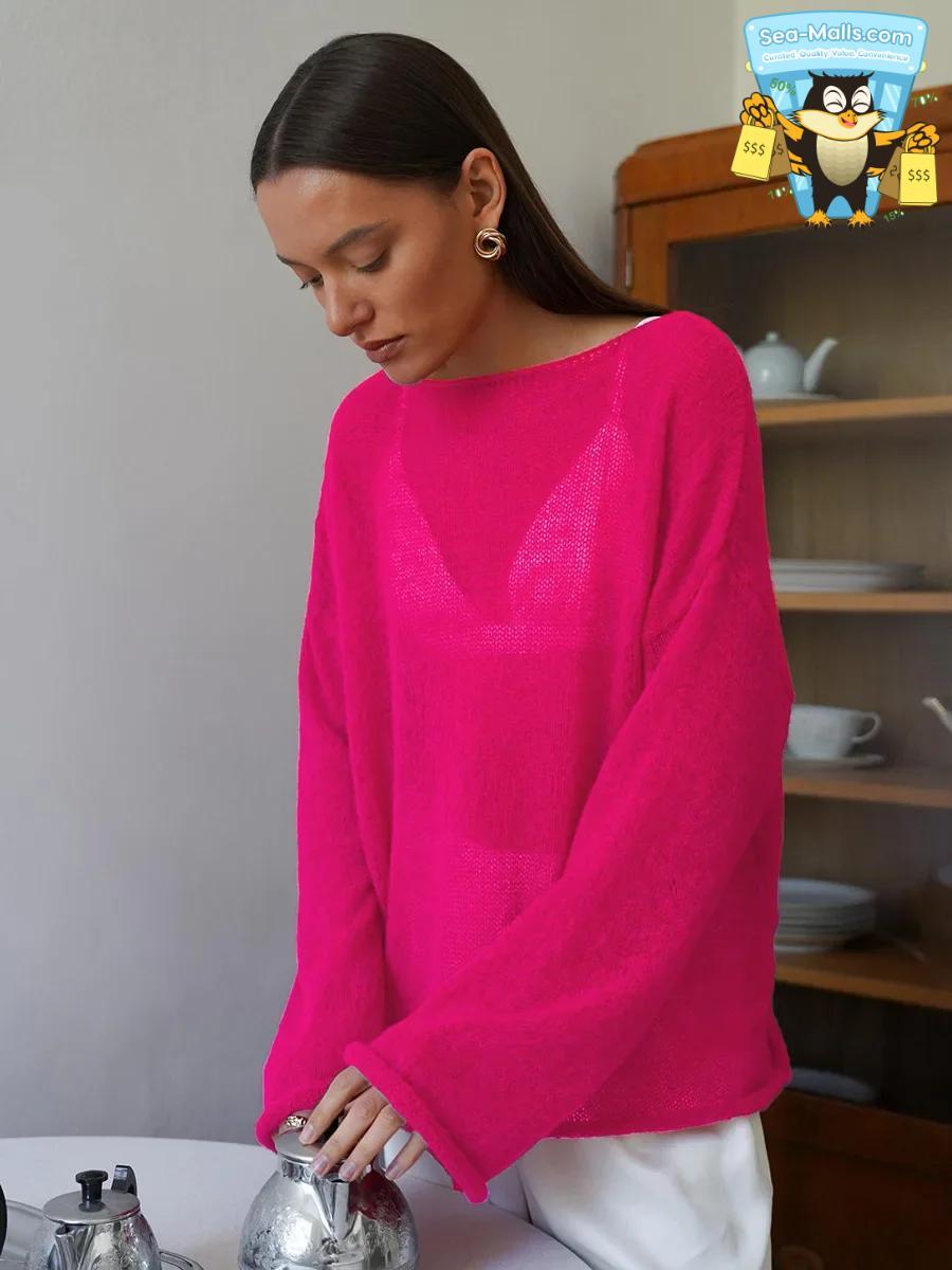 Women’s Hollow Knitted Sweater Pullover Loose Casual See-Through Long Sleeve Top