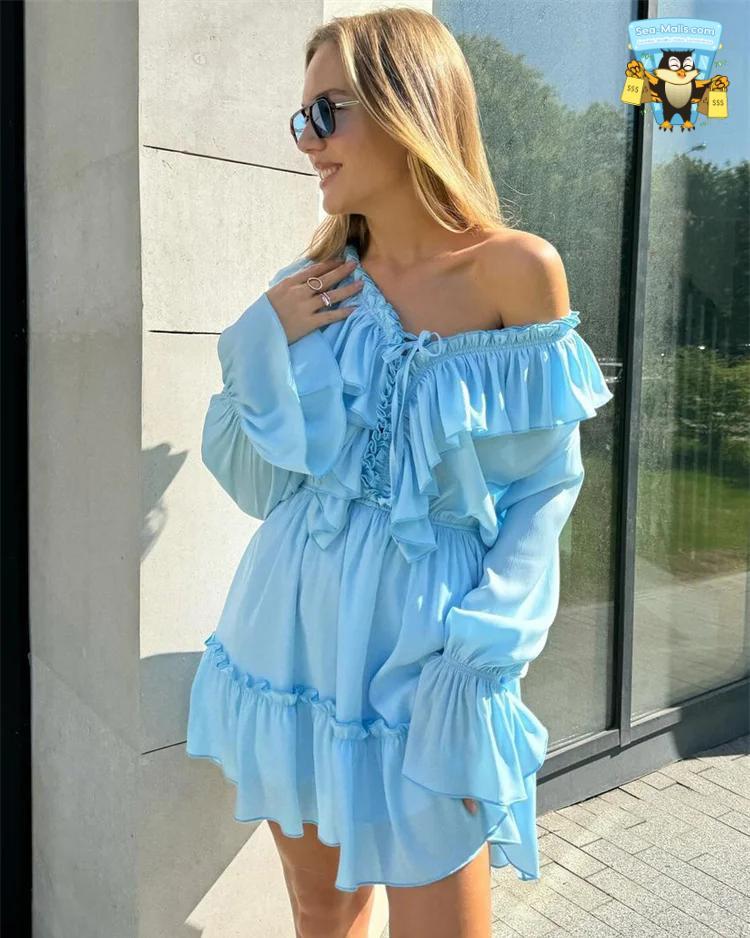 Ruffled V-Neck White Long Sleeve Bandage Mini Dress