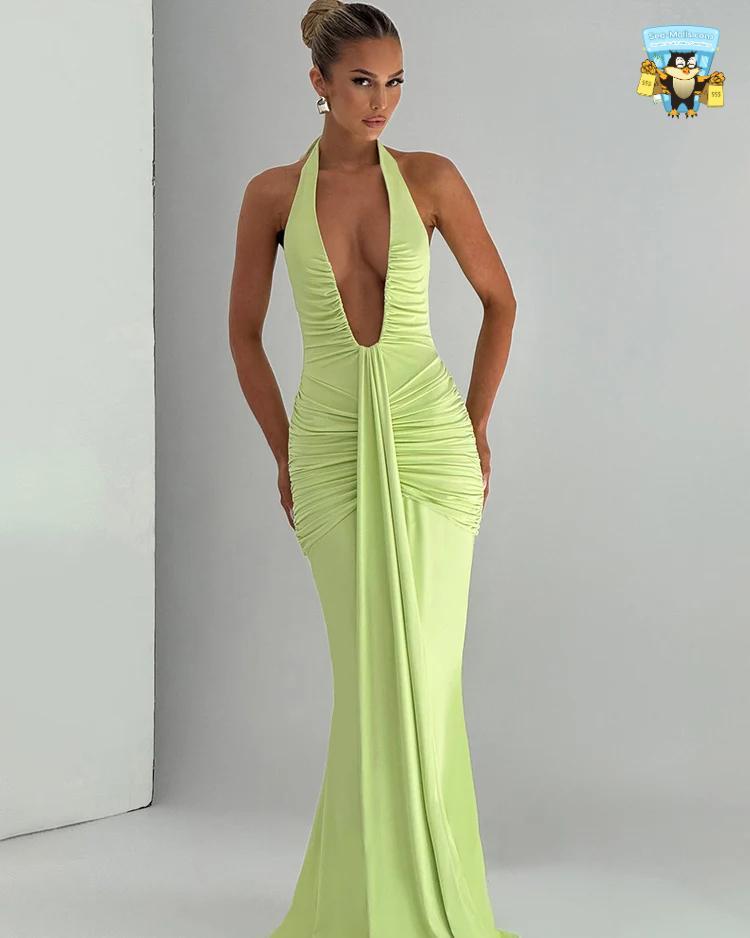 Deep V-Neck Ruched Maxi Dress Sleeveless Backless Evening Gown