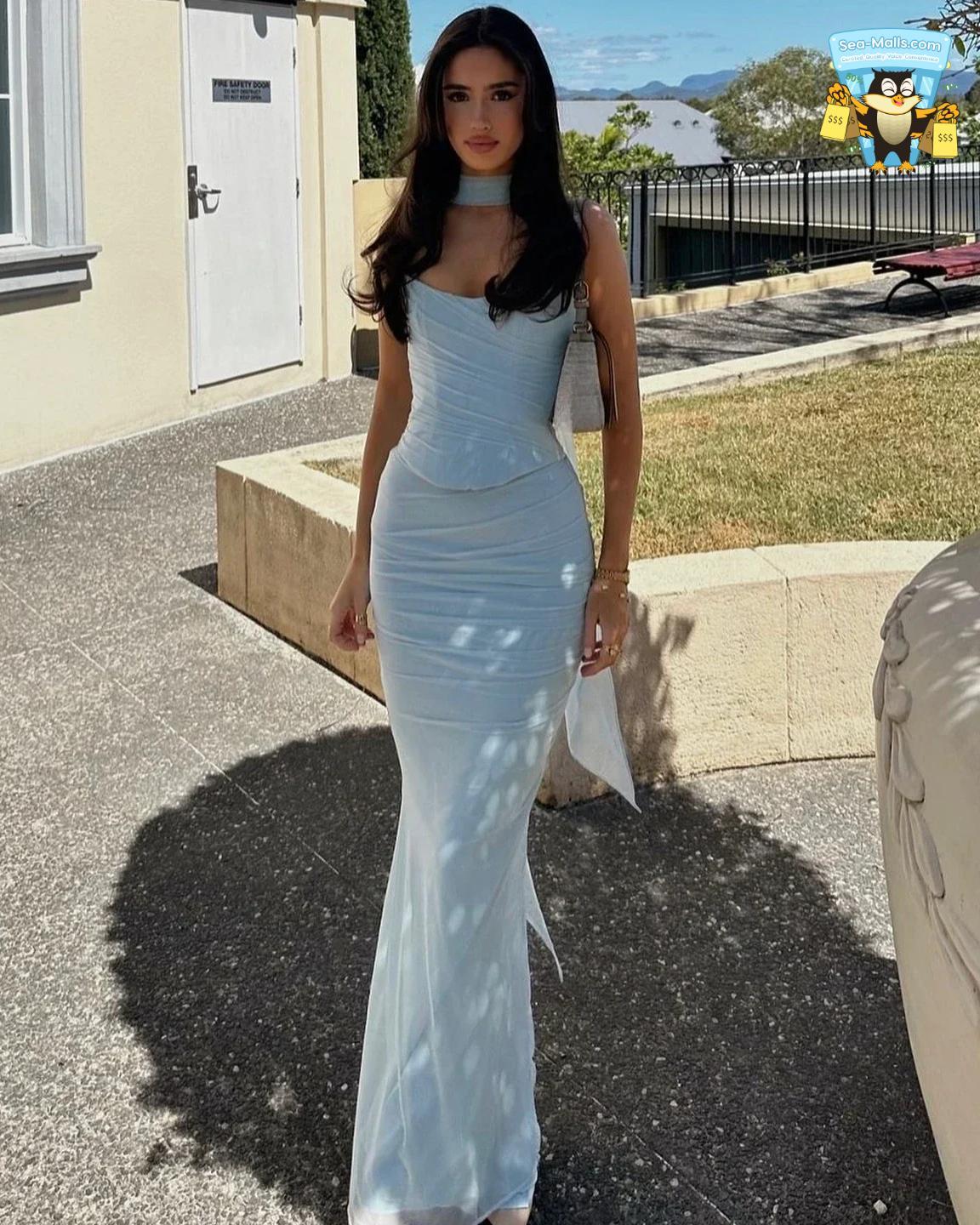Elegant MaxiStrapless Blue Cropped Top & Bodycon Skirt Set