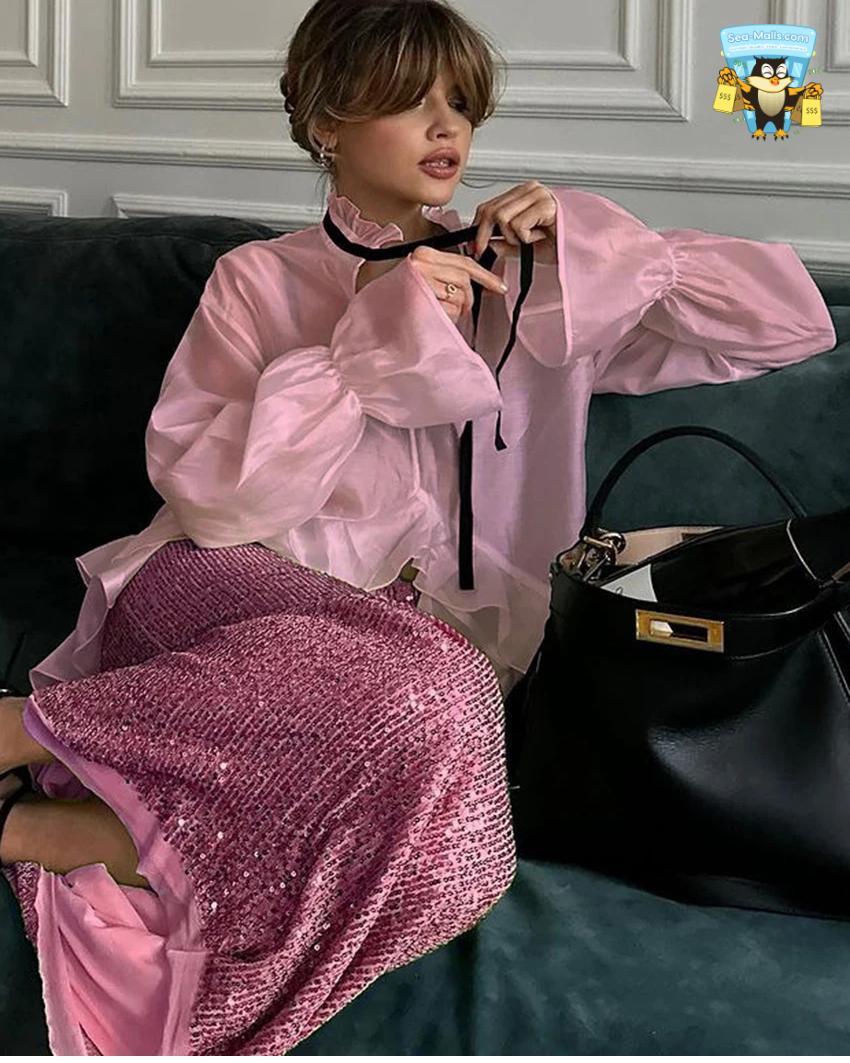 Ruffle Collar Long Sleeve Blouse Sheer Loose Fit