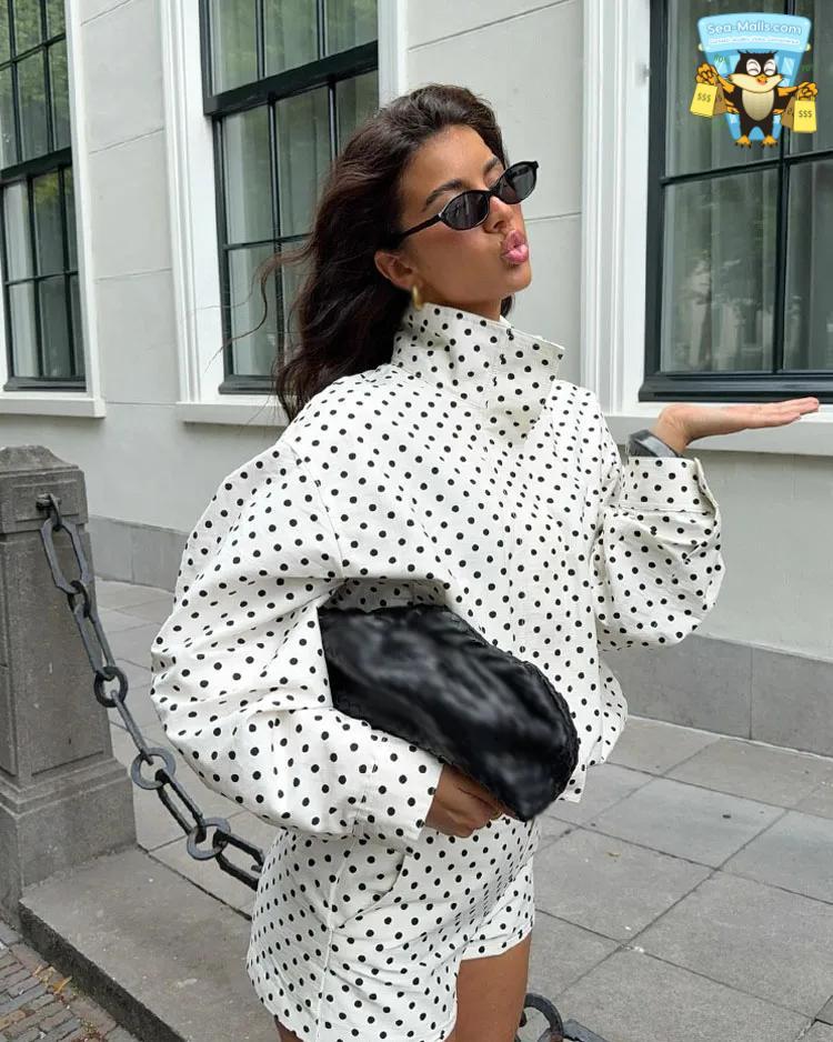 Women's Polka Dot Zipper Jacket with Pockets Long Sleeve Turtleneck Coat