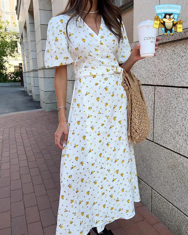 Cotton Floral A-Line Midi Dress V-Neck Puff Sleeve Summer