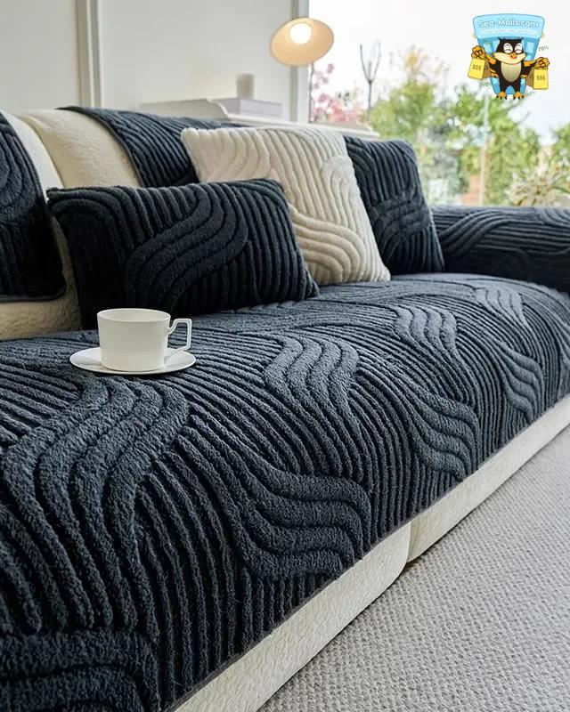 Wave Striped Plush Sofa Cover Non-Slip Living Room Mat