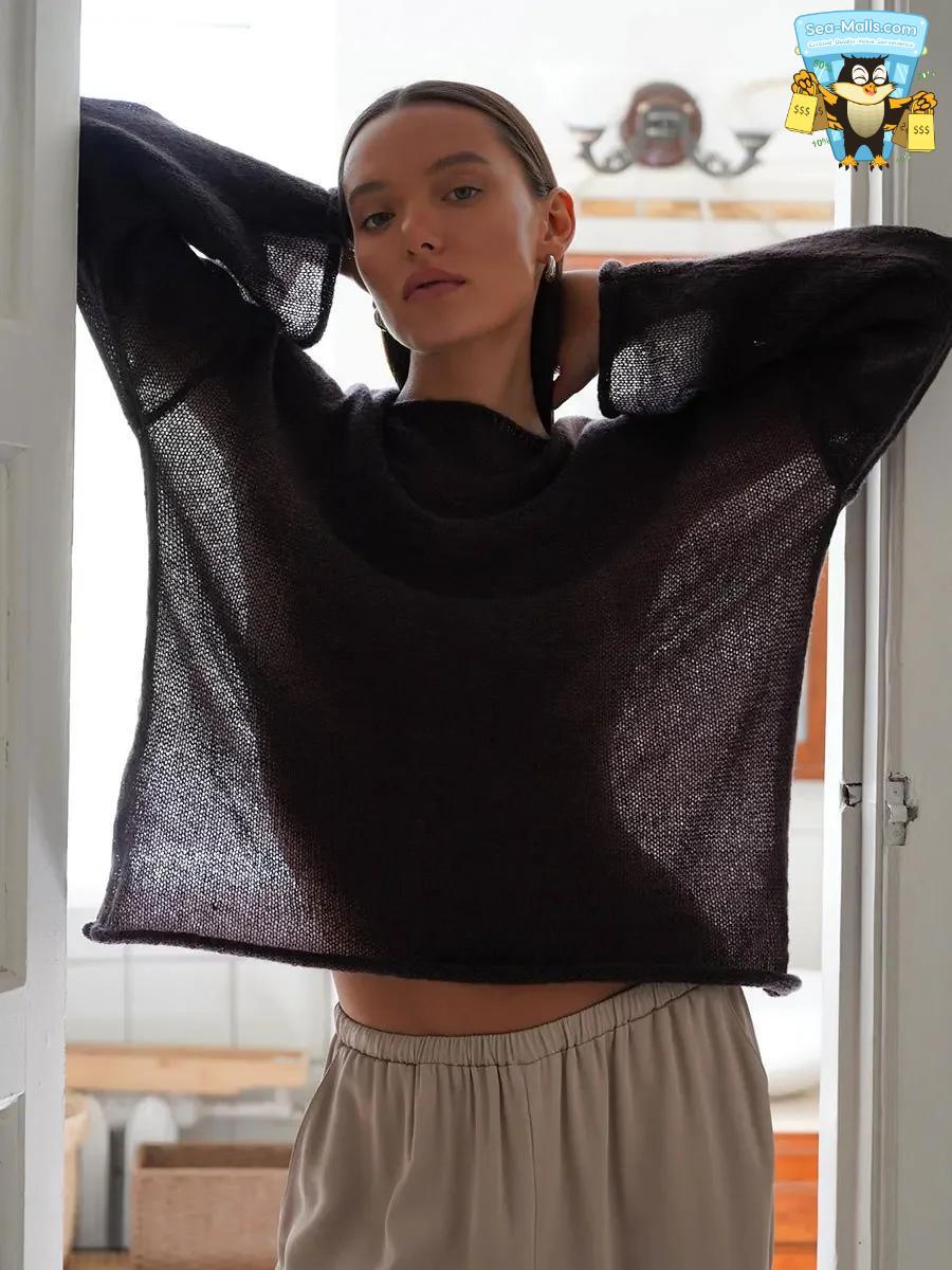 Women’s Hollow Knitted Sweater Pullover Loose Casual See-Through Long Sleeve Top