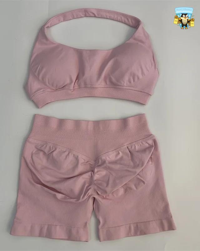Yoga Shorts Set Seamless Scrunch Shorts Halter Sports Bra