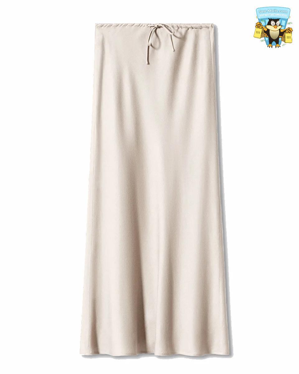 Solid Color Satin Long Skirt – High Waist Lace-Up A-Line Style