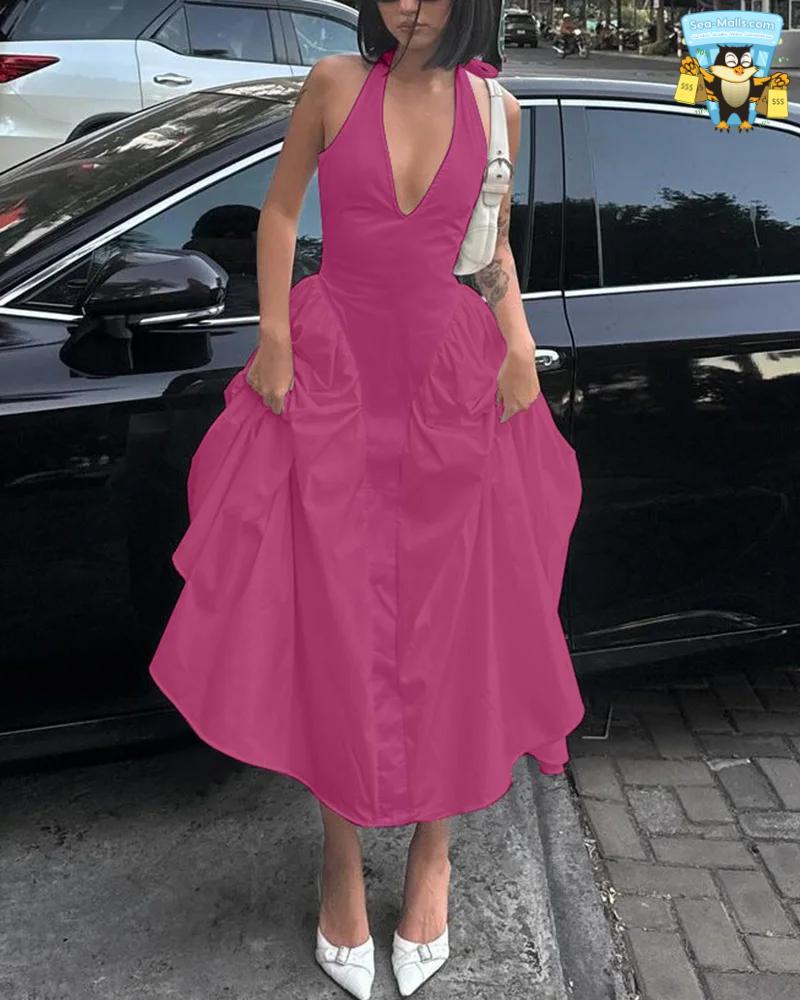 Backless Deep V Long Sexy Halter Sleeveless Dress