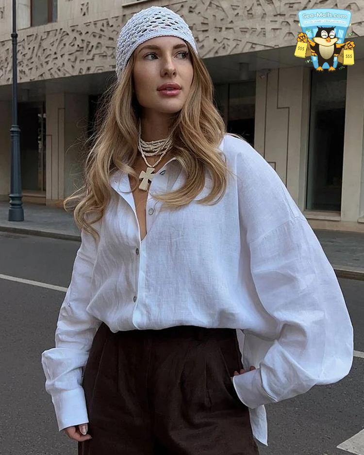 Women’s Linen Shirt Long Sleeve Oversize Vintage Spring Blouse