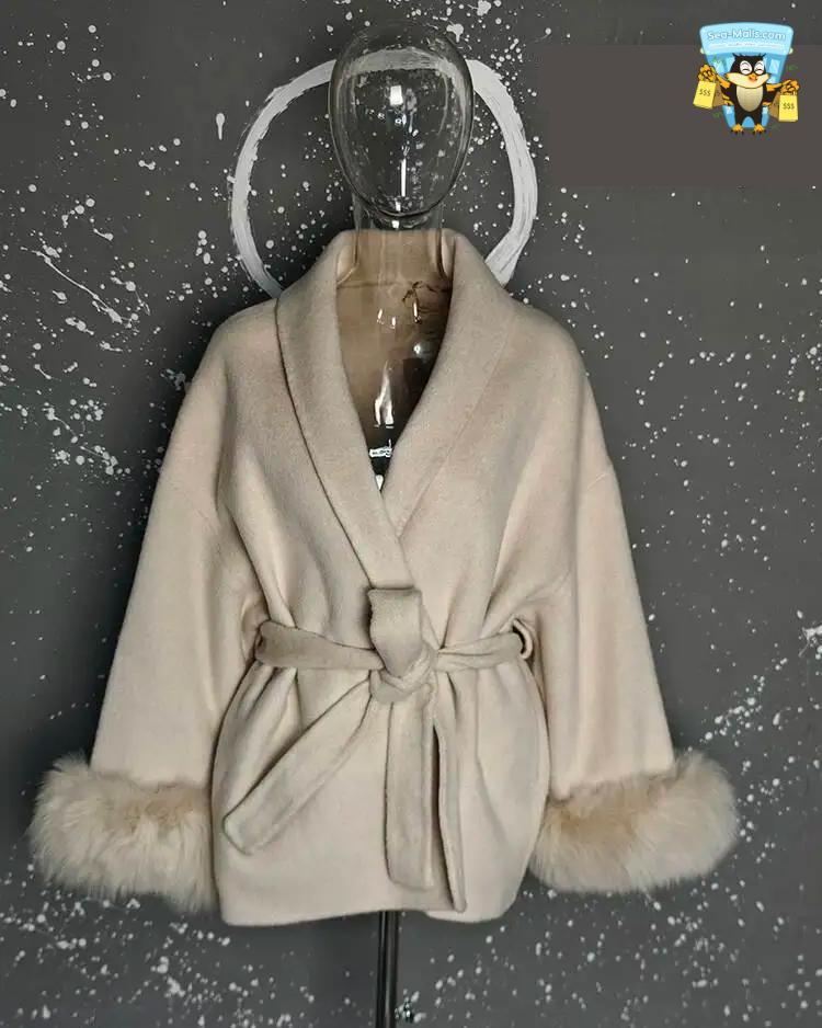 Women's Elegant Woolen Belted Coat with Fur Cuffs Long Sleeve Office Lady Overcoat