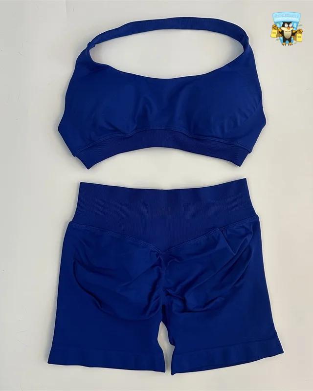 Yoga Shorts Set Seamless Scrunch Shorts Halter Sports Bra