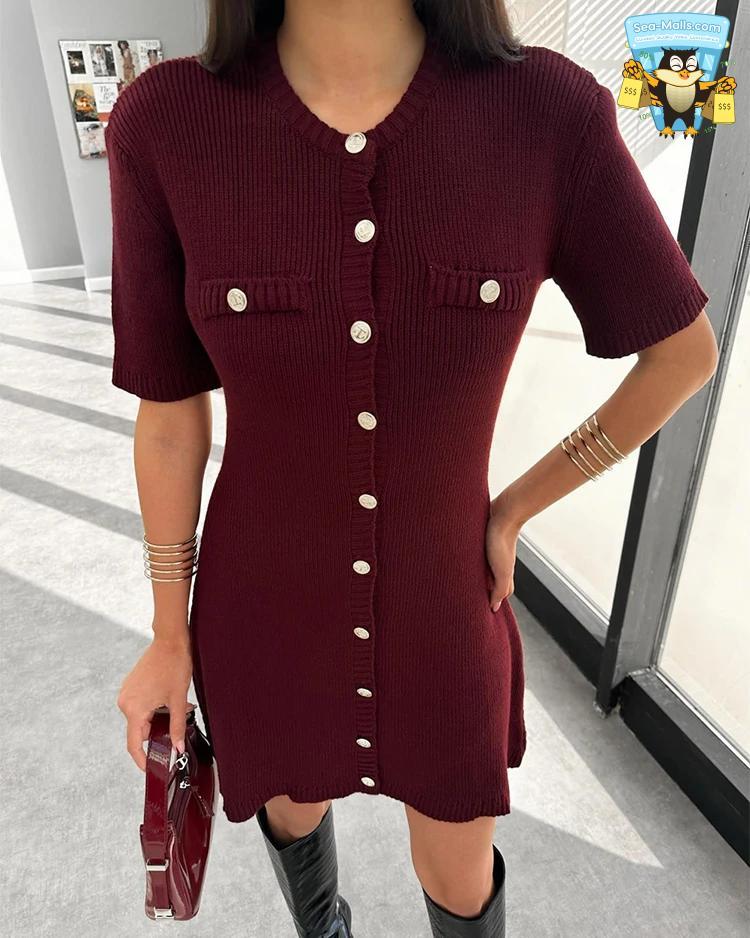 Elegant Knit Mini Dress Slim High Waist Short Sleeve Women’s Dress