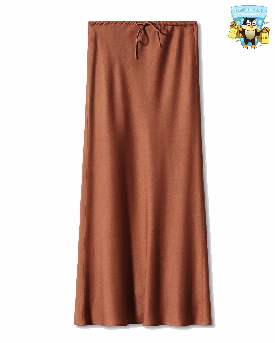 Solid Color Satin Long Skirt – High Waist Lace-Up A-Line Style