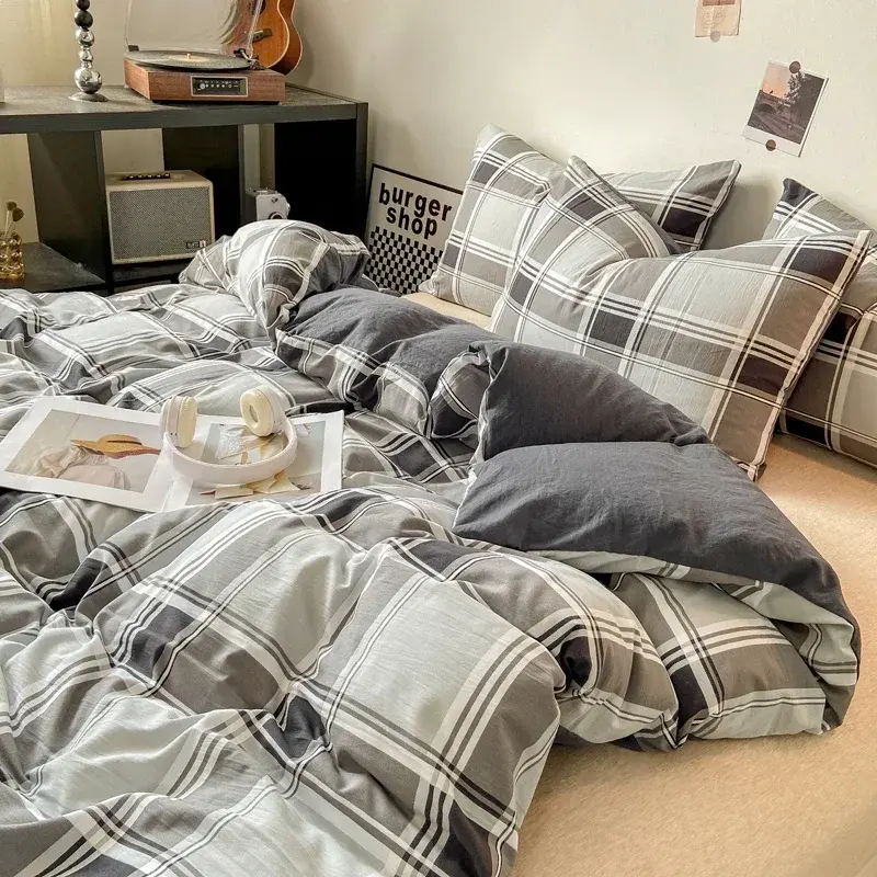 Japanese Style Check Queen Quilt Cover Set 1/3 Pcs Soft Washed Duvet Cover and Pillowcase or Only Duvet Covers Skin-friendly
