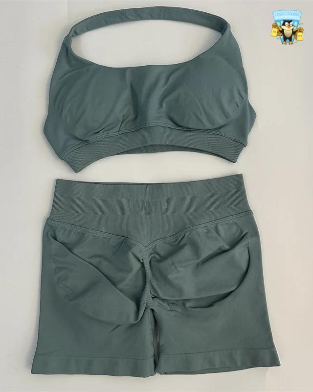Yoga Shorts Set Seamless Scrunch Shorts Halter Sports Bra