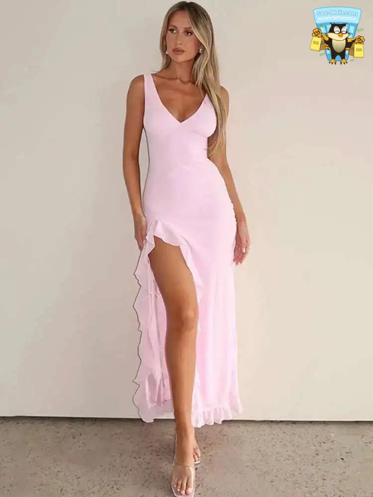 Ruffle High Split Maxi Dress Women Elegant V-Neck Summer Party Evening Gown
