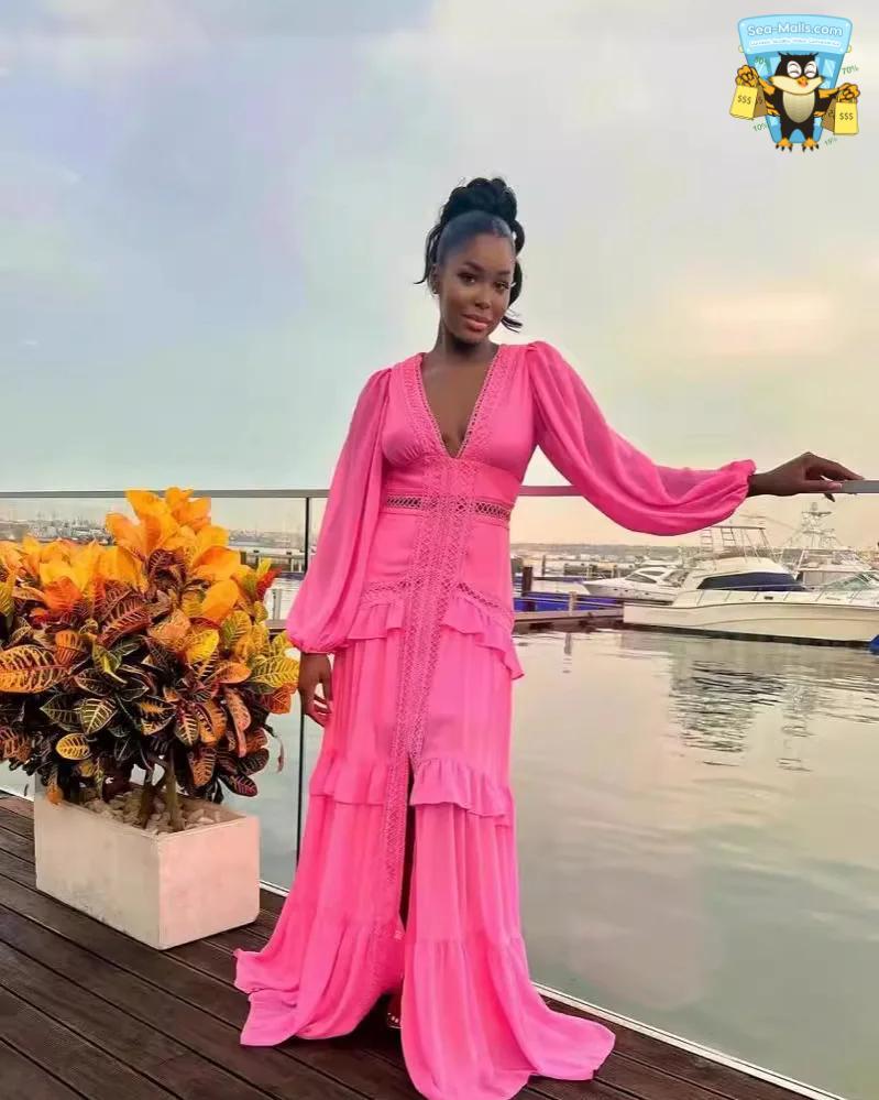Elegant Ruffle Maxi Dress Long Sleeve Hollow Out Evening Gown