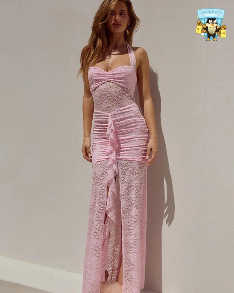 Lace Draped Maxi Dress Ruched Backless Halter Style