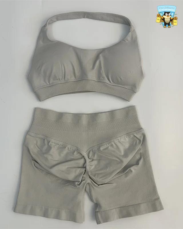 Yoga Shorts Set Seamless Scrunch Shorts Halter Sports Bra