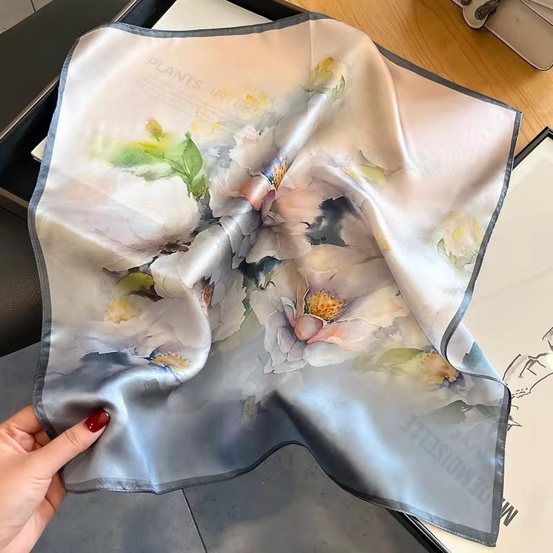 100% Pure Silk Floral Square Scarf Women Neck Hair Bandana