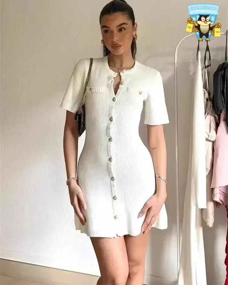 Elegant Knit Mini Dress Slim High Waist Short Sleeve Women’s Dress