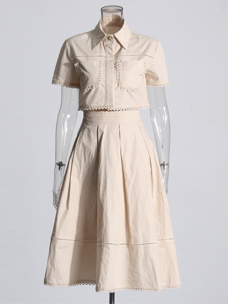 Solid Summer Two-Piece Set Lapel Crop Top & High-Waist A-Line Skirt