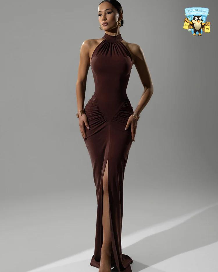 Halter Ruched Sleeveless Slim Fit Evening Maxi Dress
