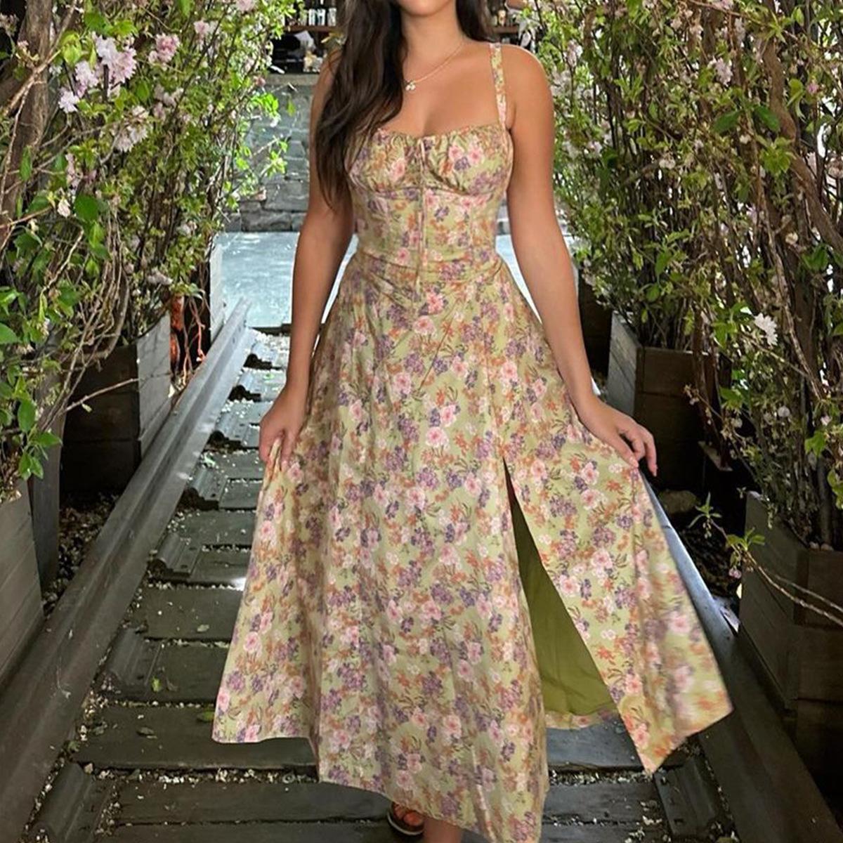 Women's Summer Floral Midi Dress with Slit and Lace Up Detail