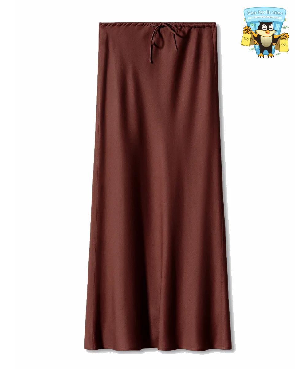 Solid Color Satin Long Skirt – High Waist Lace-Up A-Line Style