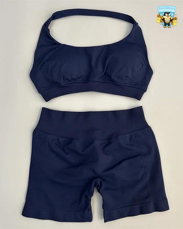 Yoga Shorts Set Seamless Scrunch Shorts Halter Sports Bra