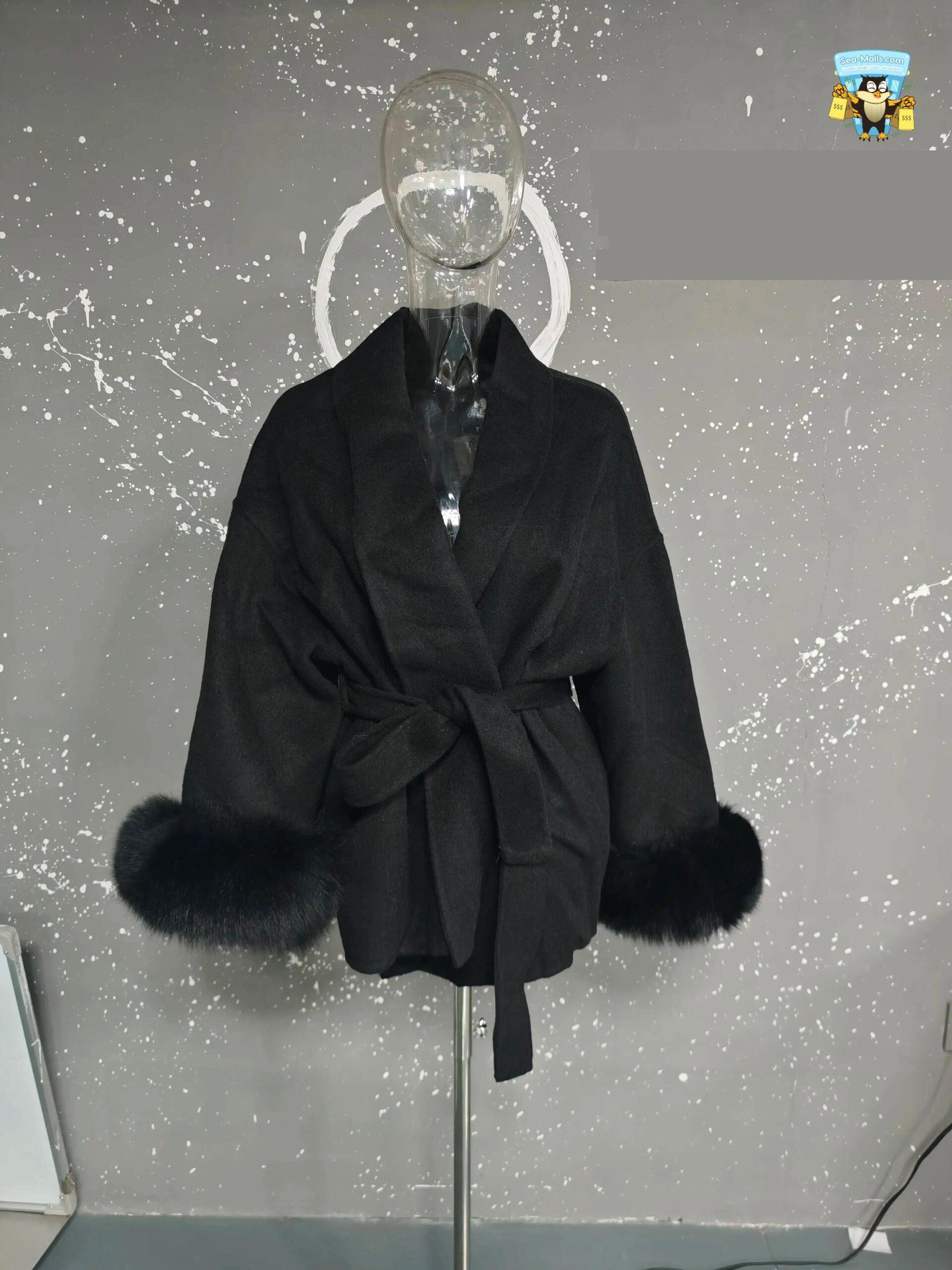 Women's Elegant Woolen Belted Coat with Fur Cuffs Long Sleeve Office Lady Overcoat