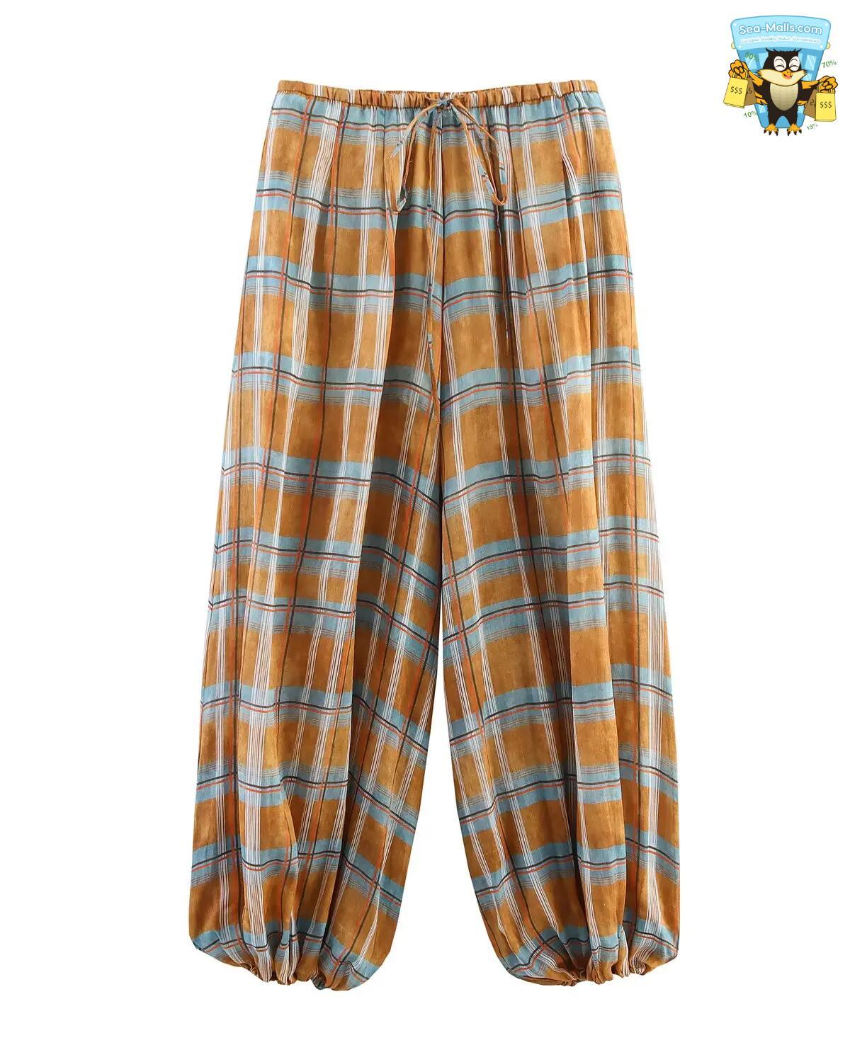 Women Autumn Plaid Loose Pants Drawstring Bloomers Style Casual Streetwear Trousers
