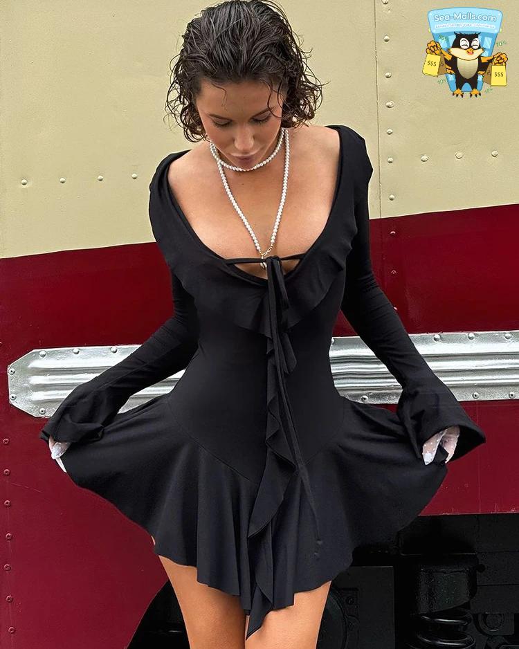 Ruffled Lace-Up V Neck Long Sleeve Summer Mini Dress