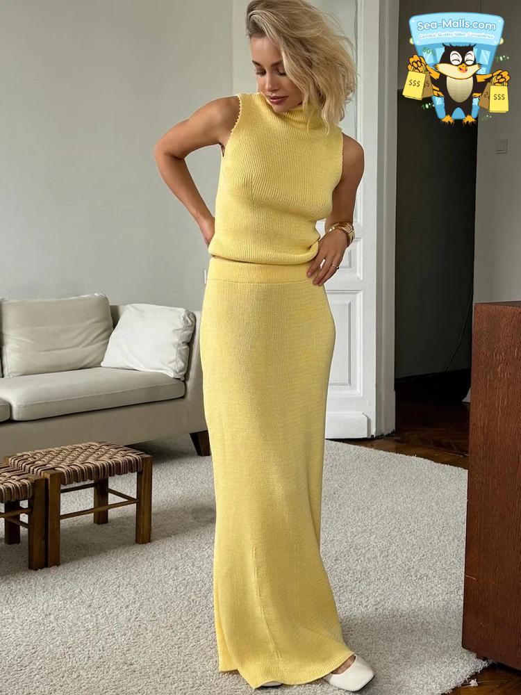 Elegant Yellow Knitted Two-Piece Set Sleeveless Top & Long Skirt
