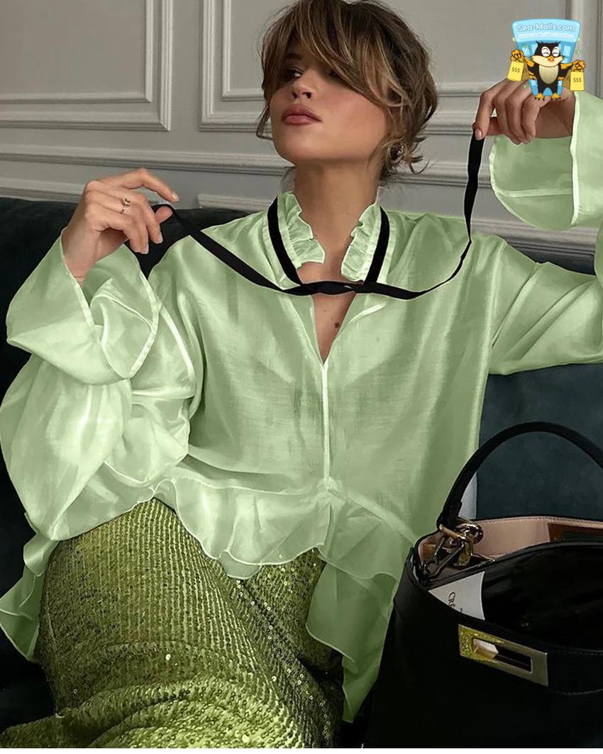 Ruffle Collar Long Sleeve Blouse Sheer Loose Fit