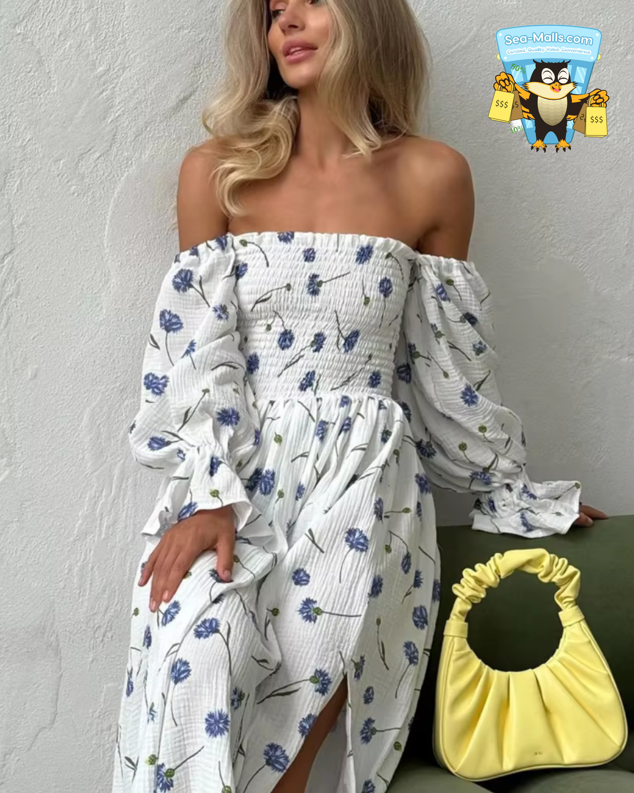Women’s Summer Cotton Dress Elegant Ruffle Midi Floral Print with Side Slits