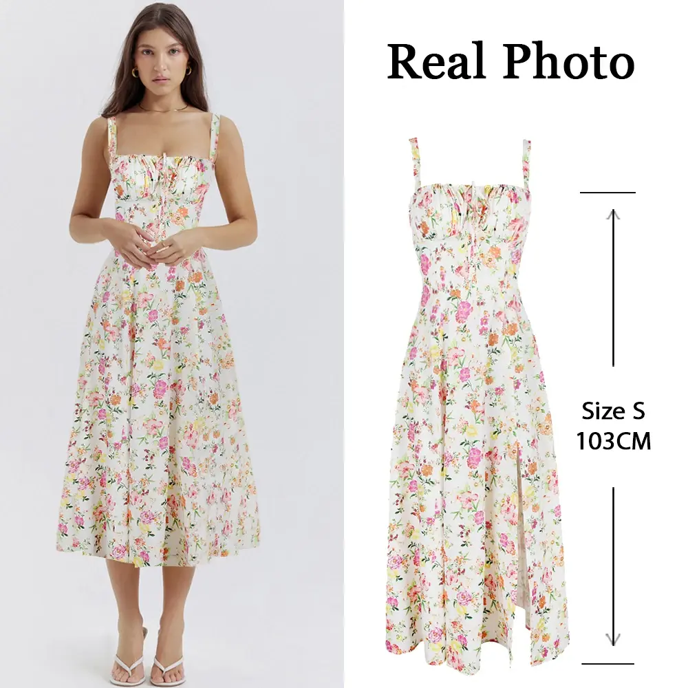 Women's Summer Floral Midi Dress with Slit and Lace Up Detail