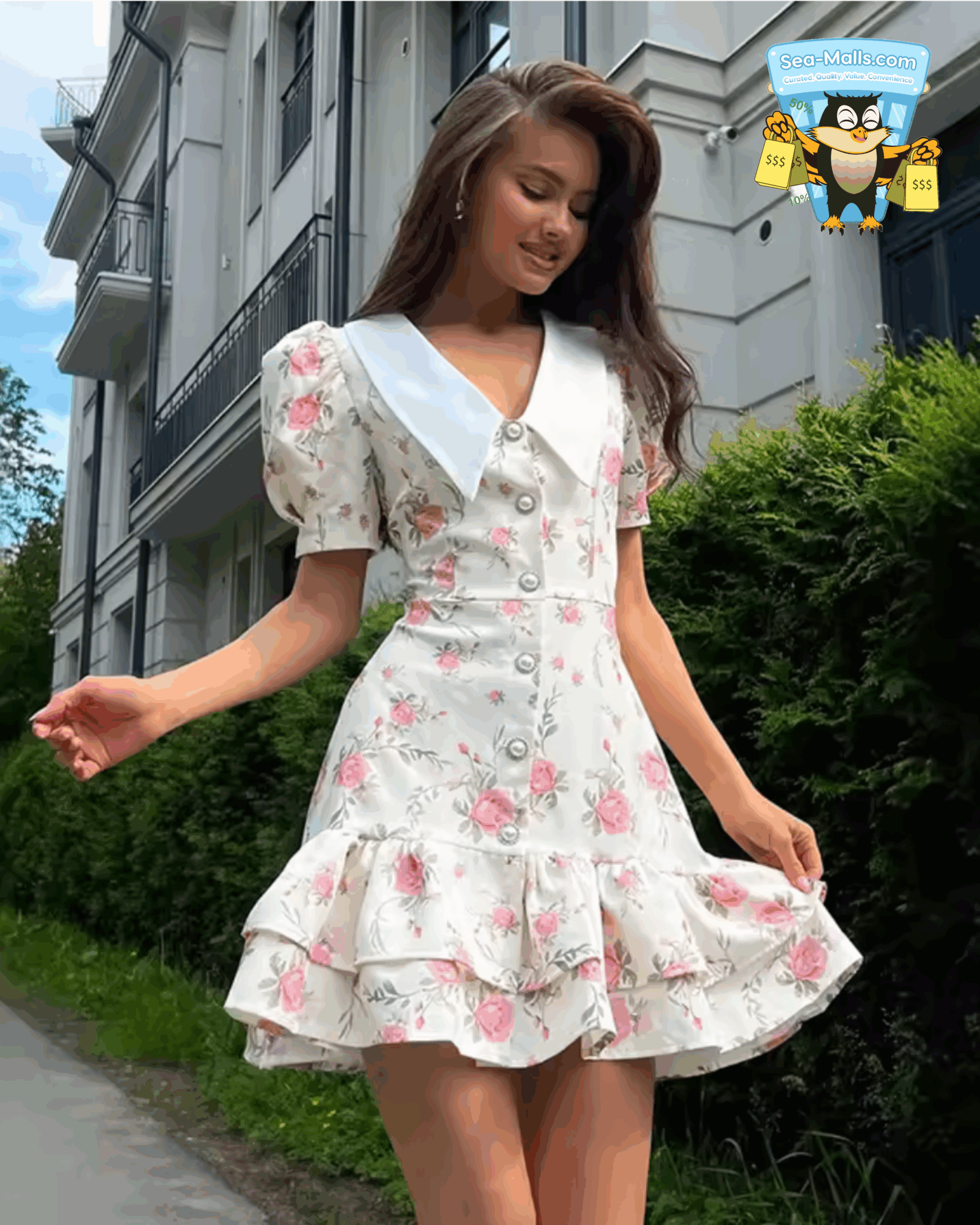 Floral Puff Sleeve Mini Dress V-Neck Ruffled Hem & Pearl Button Detail