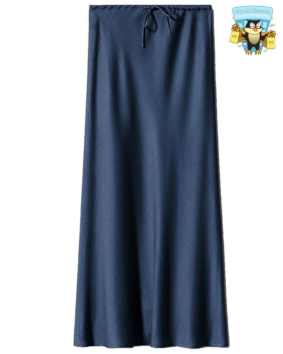 Solid Color Satin Long Skirt – High Waist Lace-Up A-Line Style