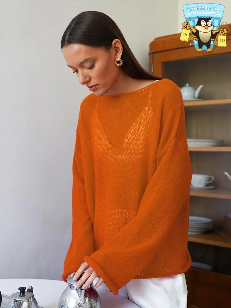 Women’s Hollow Knitted Sweater Pullover Loose Casual See-Through Long Sleeve Top