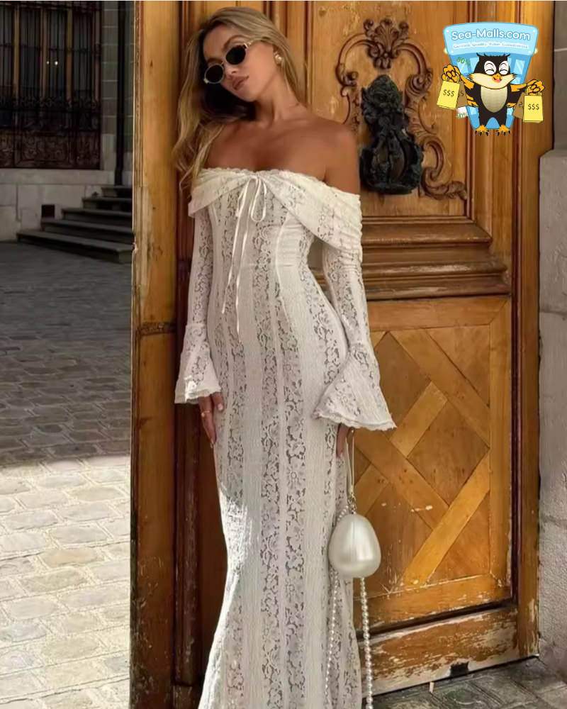 White Off Shoulder Lace Maxi Dress with Long Sleeves