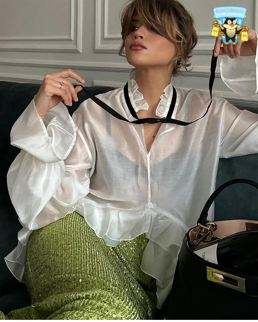 Ruffle Collar Long Sleeve Blouse Sheer Loose Fit