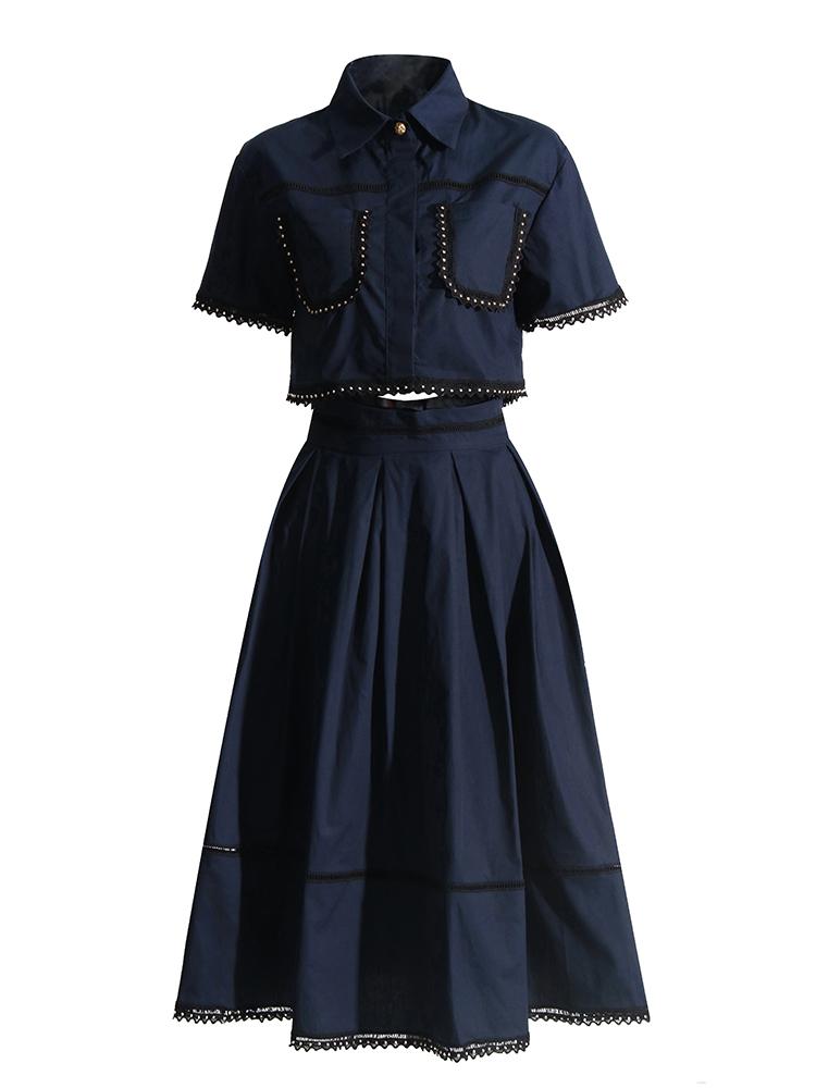 Solid Summer Two-Piece Set Lapel Crop Top & High-Waist A-Line Skirt